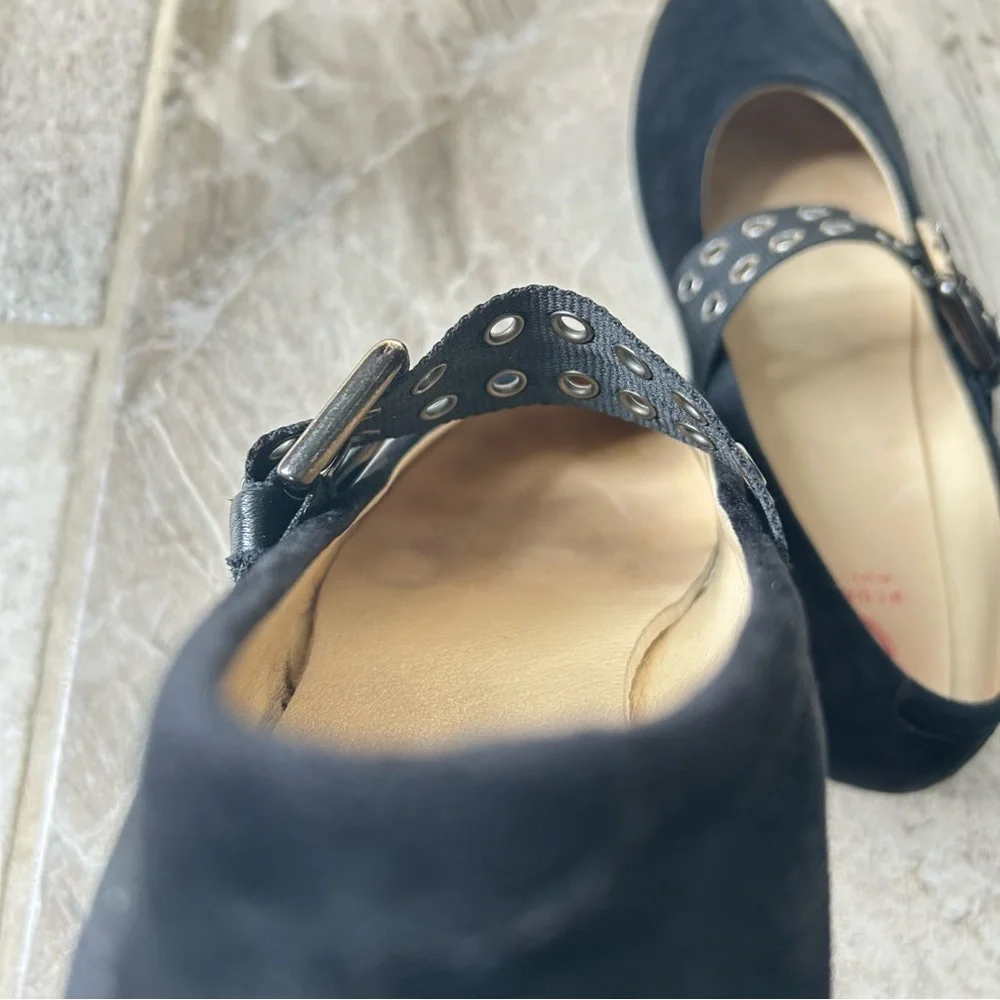 Blublonc Black Velvet Mary Jane Flats, Oversized Strap Detail Size 37 EU/ 6 US
